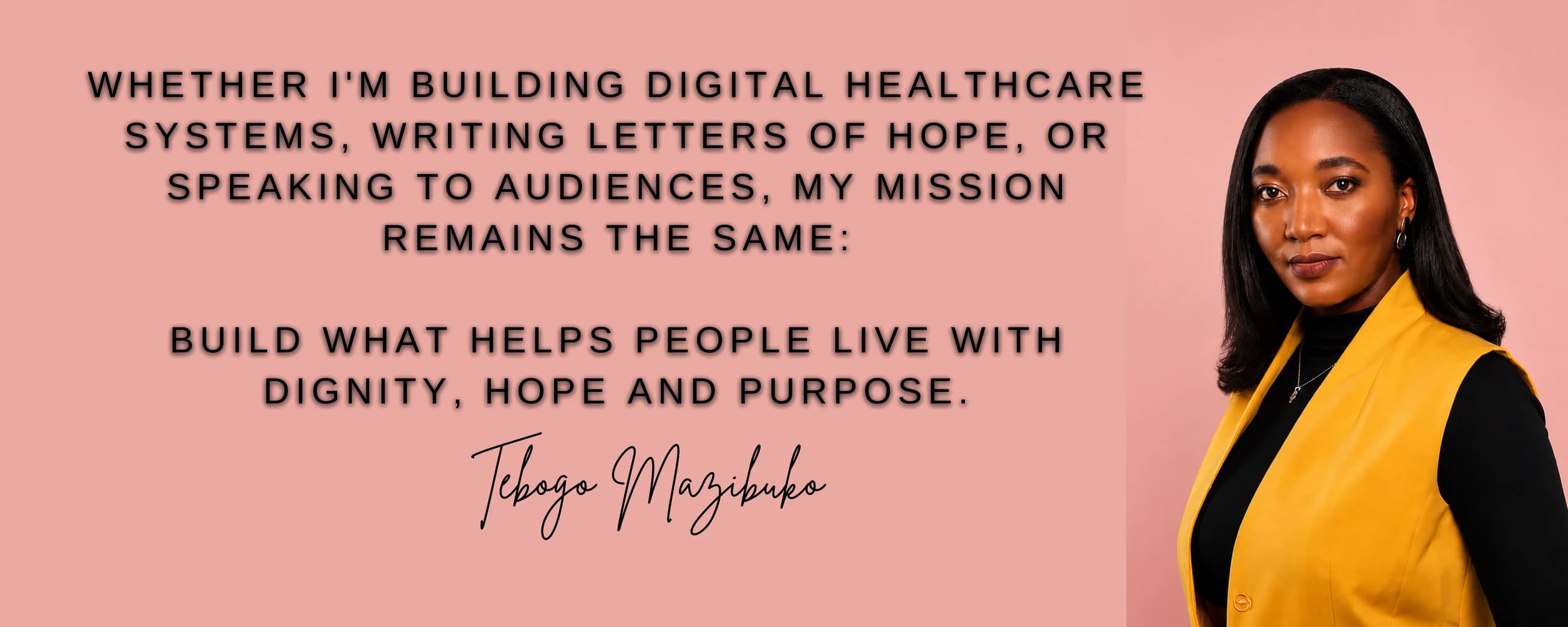 Tebogo Mazibuko homepage banner with portrait and personal mission statement